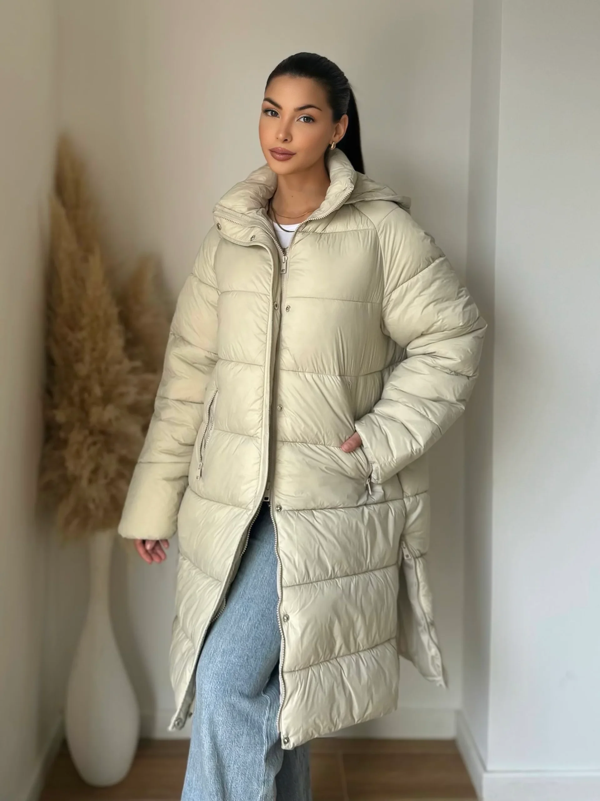 Doudoune oversize longue beige – tendance hiver