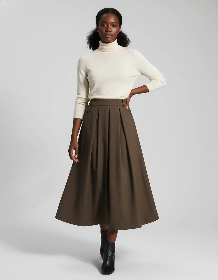 Jupe Plissée Kaki Évasée Élégante
