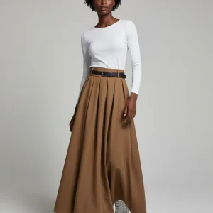 Jupe Plissée Marron Longue Fluide
