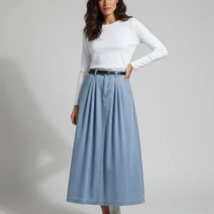 Jupe Plissée denim clair taille haute décontractée