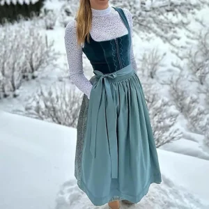 Zia | Robe Dirndl Vintage Femme à Col Carré, Broderie Élégante & Taille Ceinturée, Longueur Midi