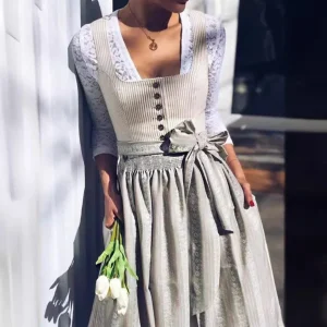 Zoé | Robe Dirndl Midi Femme Élégante et Moderne à Col Carré, Boutons & Taille Ceinturée