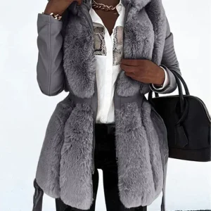 Elizena | Manteau en Similicuir avec Manches en Fausse Fourrure et Ceinture