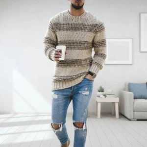 Bertille | Pull Homme d’Hiver à Col Rond, Tricot Norvégien Rayé, Maille Épaisse et Chaude