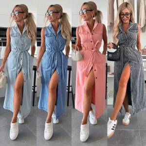Chic Robe en Denim sans manche à col-V
