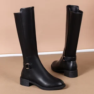 Ophélie | Bottes Hautes Femme Noires avec Boucle Métallique & Fermeture Éclair