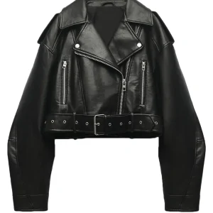 Alarie | Veste Biker Femme Cropped avec Fermeture Asymétrique, Ceinture Taille et Poches Poitrine