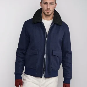 Aurel | Bomber Homme Chic en Laine Mélangée avec Col Shearling, Fermeture Zip Double Sens et Bords-Côtes