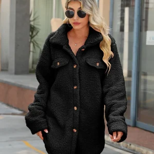 Garance | Shacket Femme Oversized en Teddy Fleece Poches Patch Long