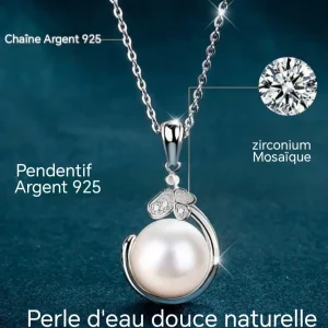 925 Argent rhodié collier perle d'eau douce naturelle, ronde avec papillon