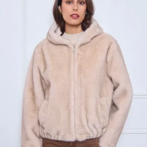 Manteau à capuche en fausse fourrure femme-Beige